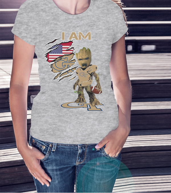 I Am Georgia Tech GT Baby Groot American Flag Football T-Shirt