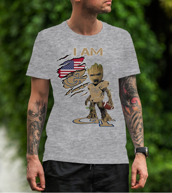 I Am Georgia Tech GT Baby Groot American Flag Football T-Shirt