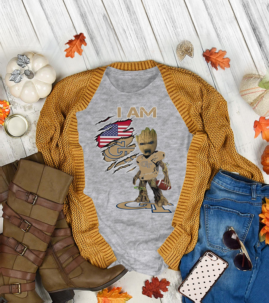 I Am Georgia Tech GT Baby Groot American Flag Football T-Shirt