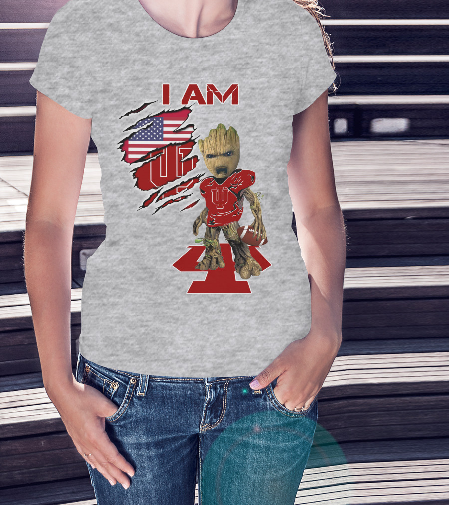 I Am Iu Hoosiers Baby Groot American Flag Football T-Shirt