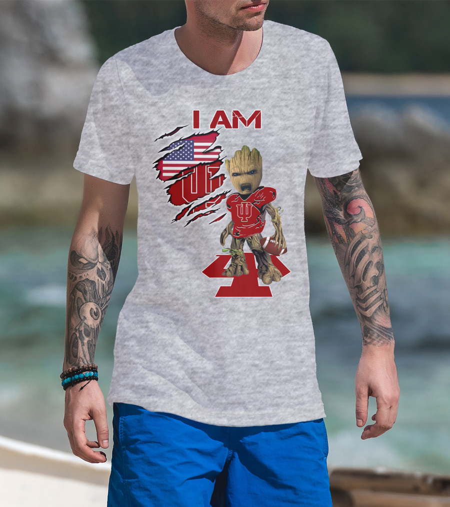 I Am Iu Hoosiers Baby Groot American Flag Football T-Shirt