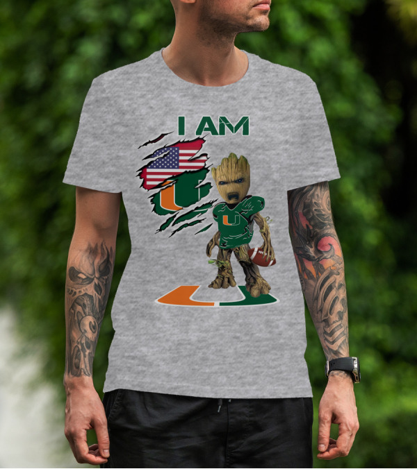 I AM Baby Groot Miami Hurricanes Football USA Flag T-Shirt