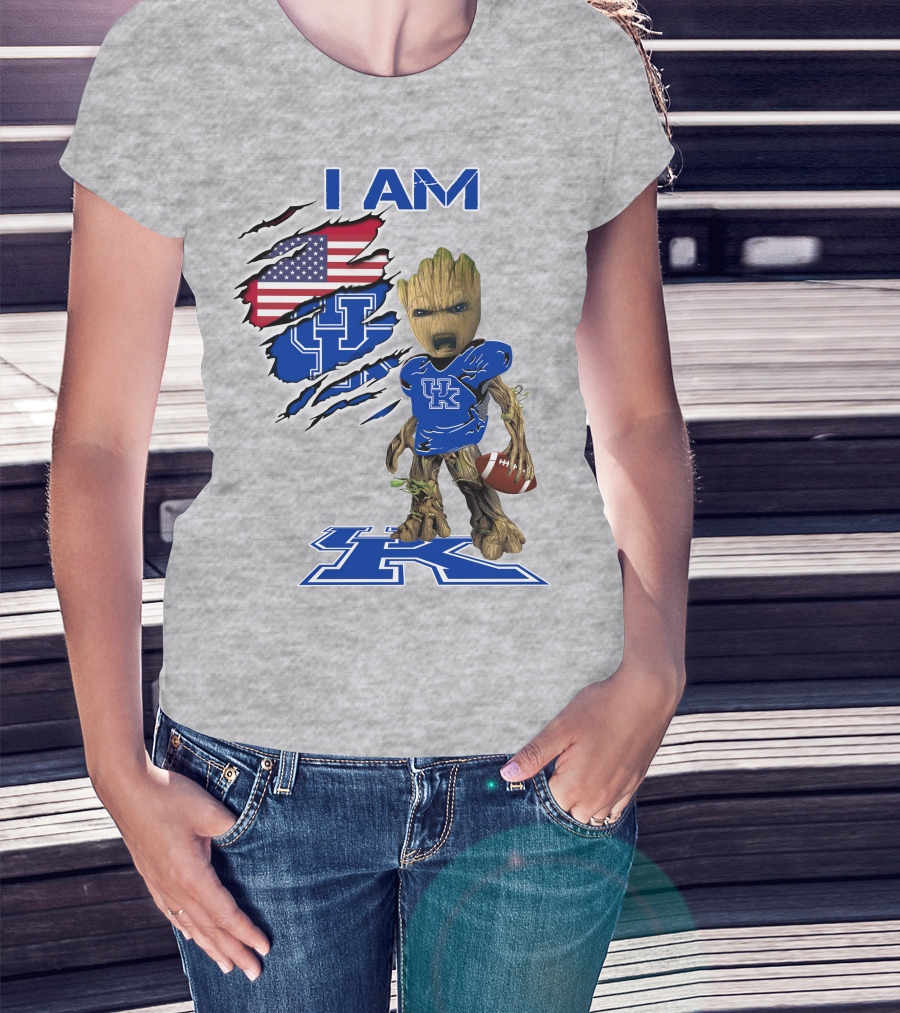 I AM Kentucky Baby Groot Football UK Logo American Flag T-Shirt
