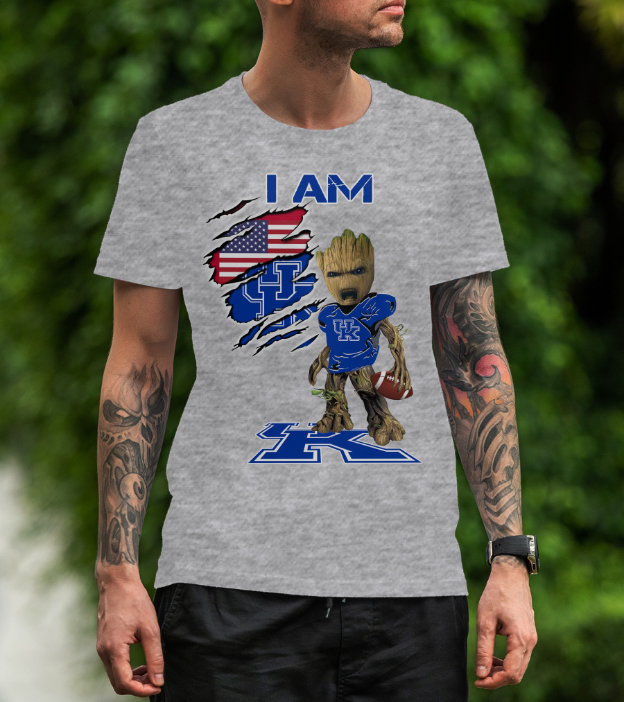 I AM Kentucky Baby Groot Football UK Logo American Flag T-Shirt