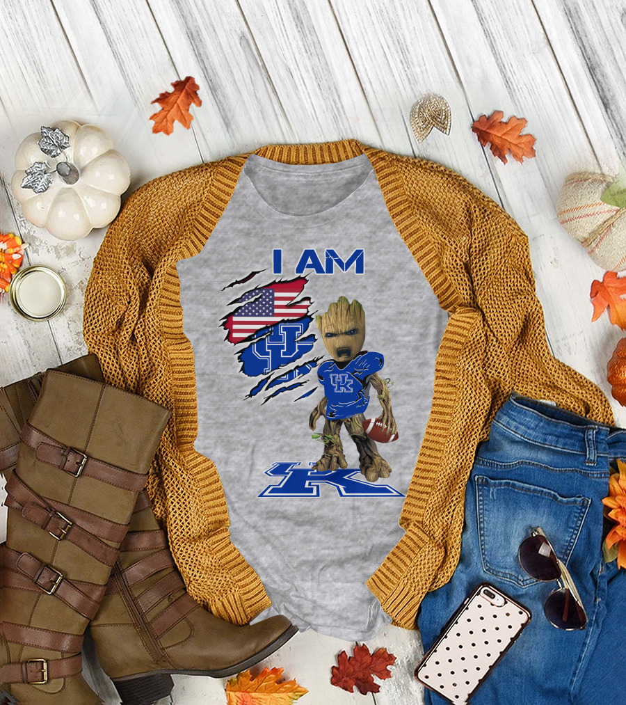 I AM Kentucky Baby Groot Football UK Logo American Flag T-Shirt