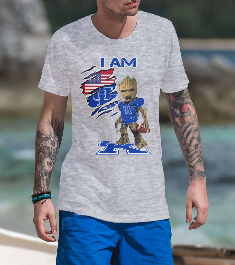 I AM Kentucky Baby Groot Football UK Logo American Flag T-Shirt