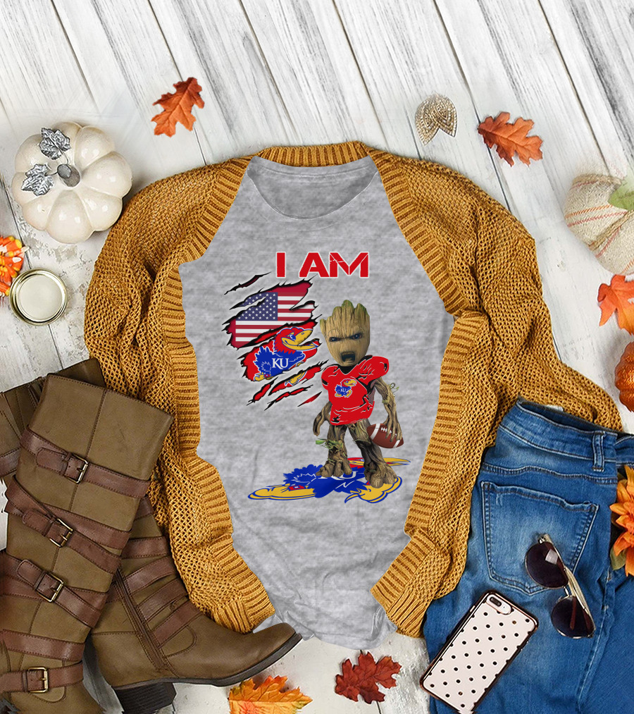 I AM KU Baby Groot Kansas Jayhawks Football Patriotic American Flag T-Shirt