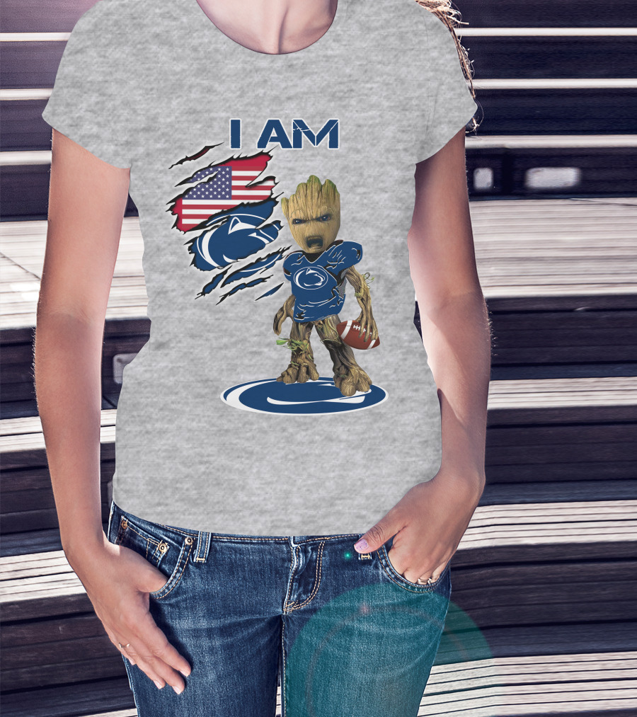 I Am Penn State Baby Groot American Flag Football T-Shirt
