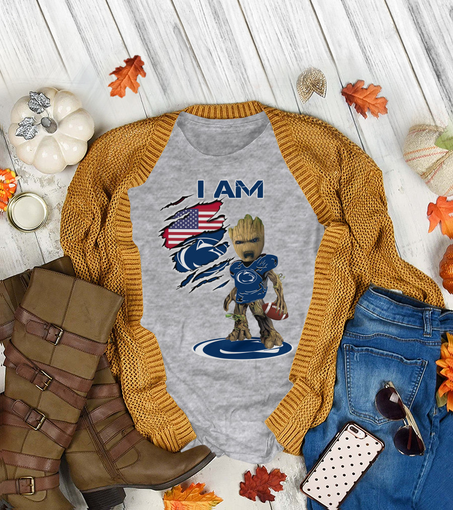 I Am Penn State Baby Groot American Flag Football T-Shirt