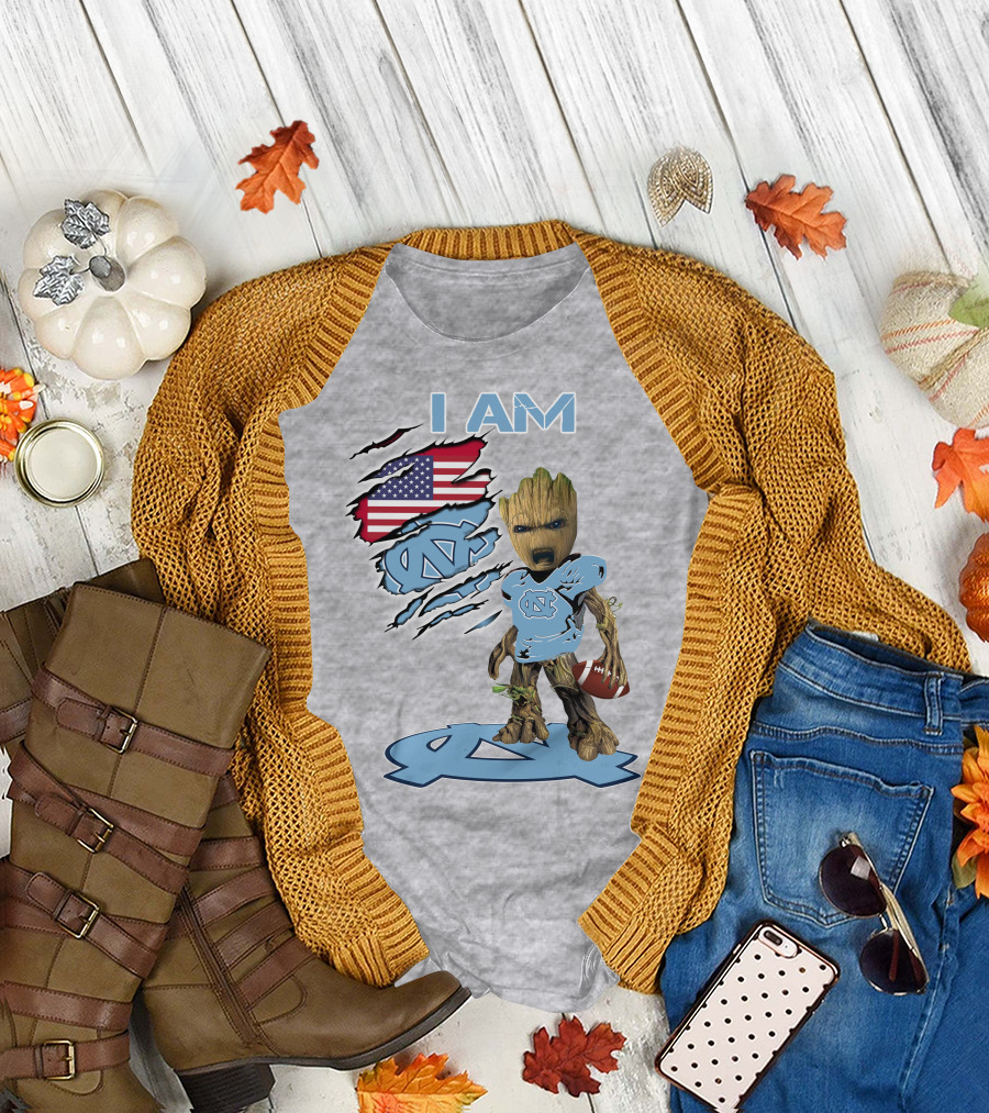 I AM Tarheel Baby Groot UNC Football USA Flag T-Shirt