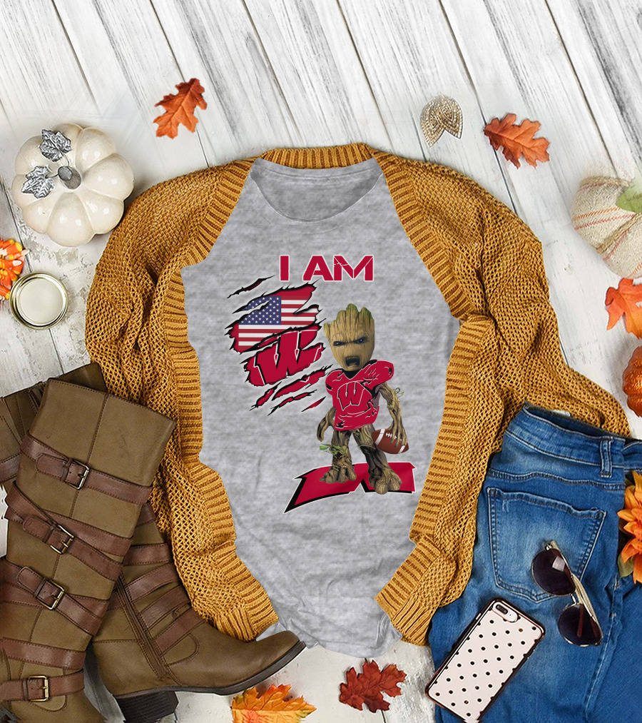 I Am Wisconsin Baby Groot Football W Logo American Flag T-Shirt