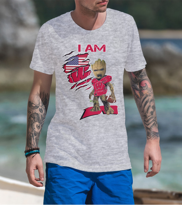 I Am Wisconsin Baby Groot Football W Logo American Flag T-Shirt