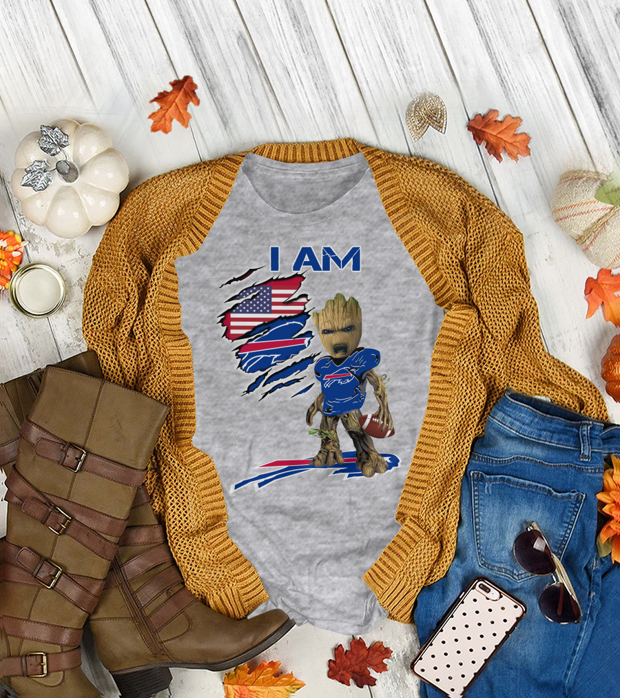 I Am American Flag Football Groot Bills T-Shirt