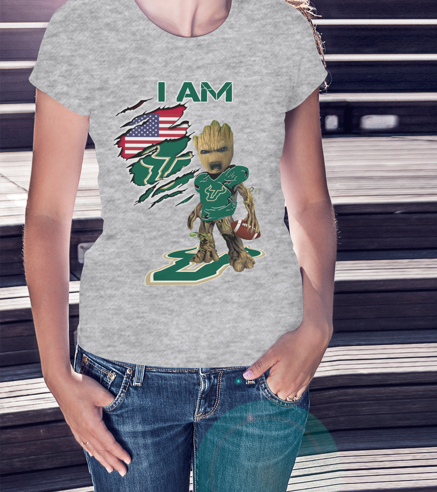 I AM USF Baby Groot Football American Flag T-Shirt