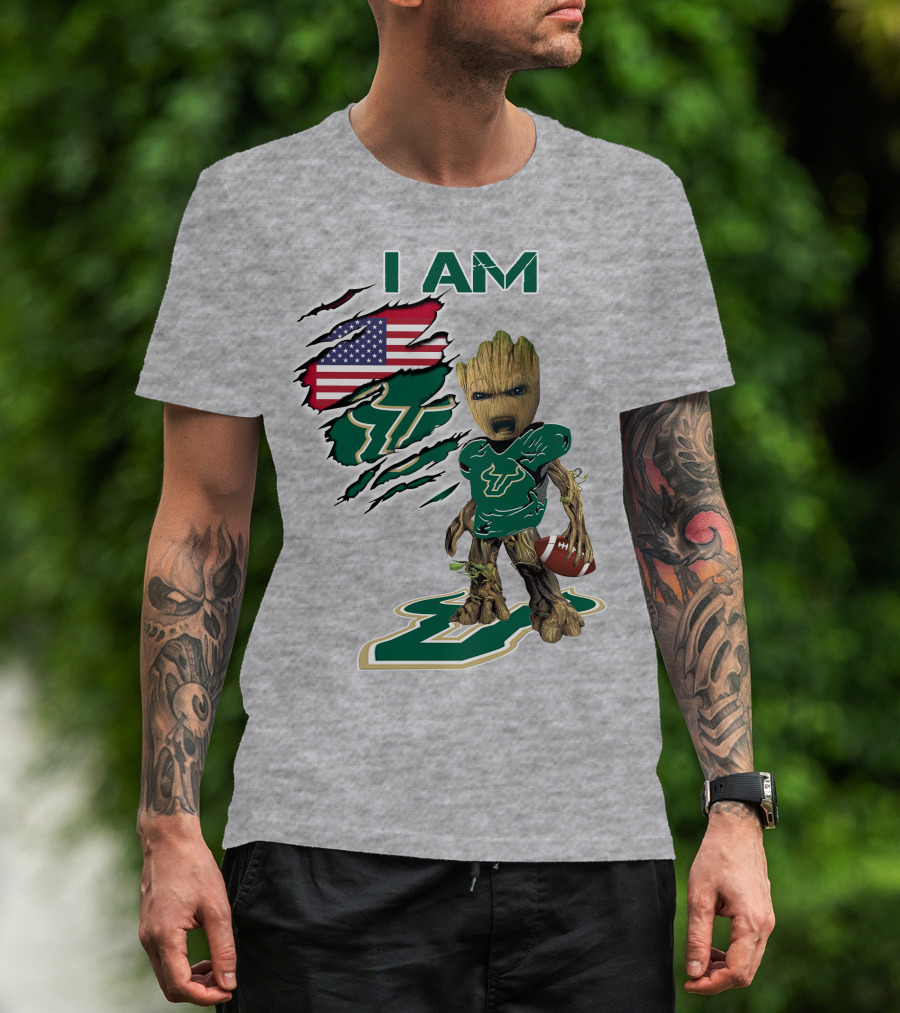I AM USF Baby Groot Football American Flag T-Shirt