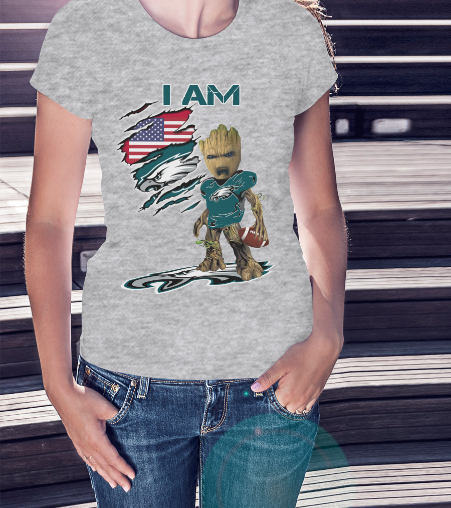 I Am Eagles Baby Groot Football American Flag T-Shirt