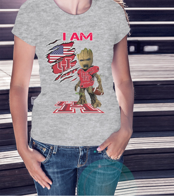 I AM Houtons Baby Groot UH Football American Flag Background T-Shirt