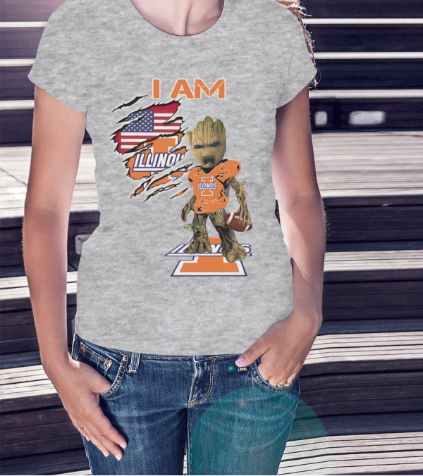 I AM Illinois Baby Groot Football American Flag T-Shirt