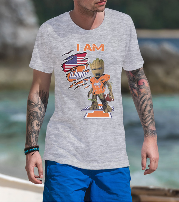 I AM Illinois Baby Groot Football American Flag T-Shirt