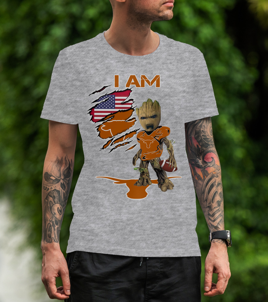I AM Longhorn Baby Groot Football USA Flag T-Shirt