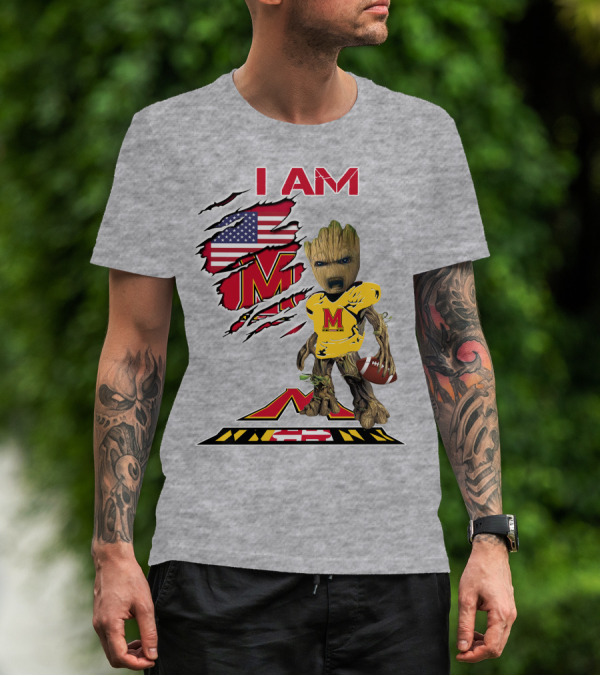 I AM Baby Groot Maryland Football American Flag M T-Shirt