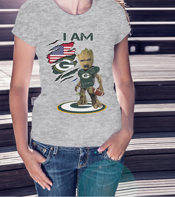 I Am Packers Baby Groot American Flag Football T-Shirt