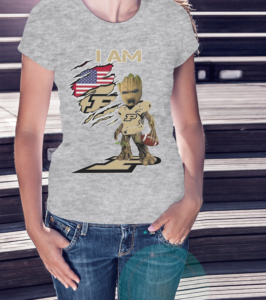 I AM Purdue Baby Groot Football American Flag P T-Shirt