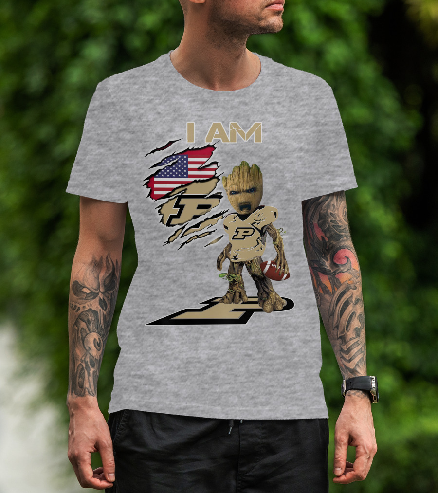 I AM Purdue Baby Groot Football American Flag P T-Shirt