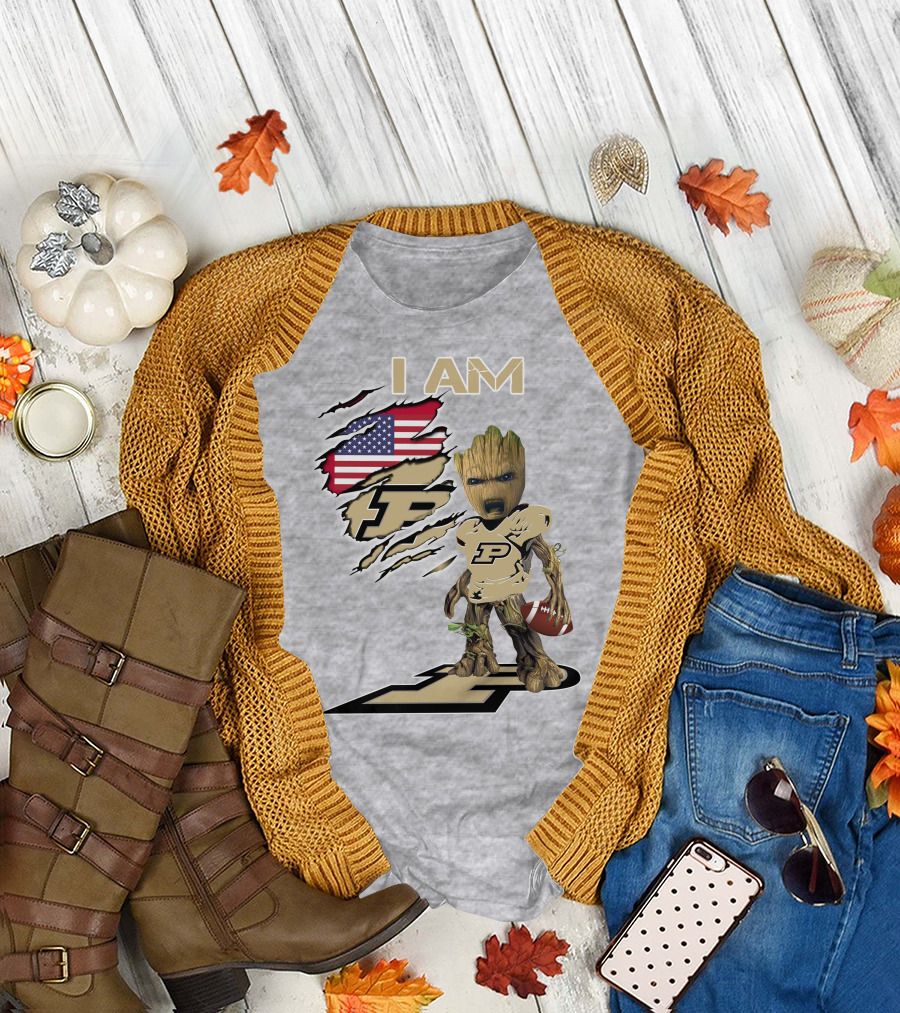 I AM Purdue Baby Groot Football American Flag P T-Shirt