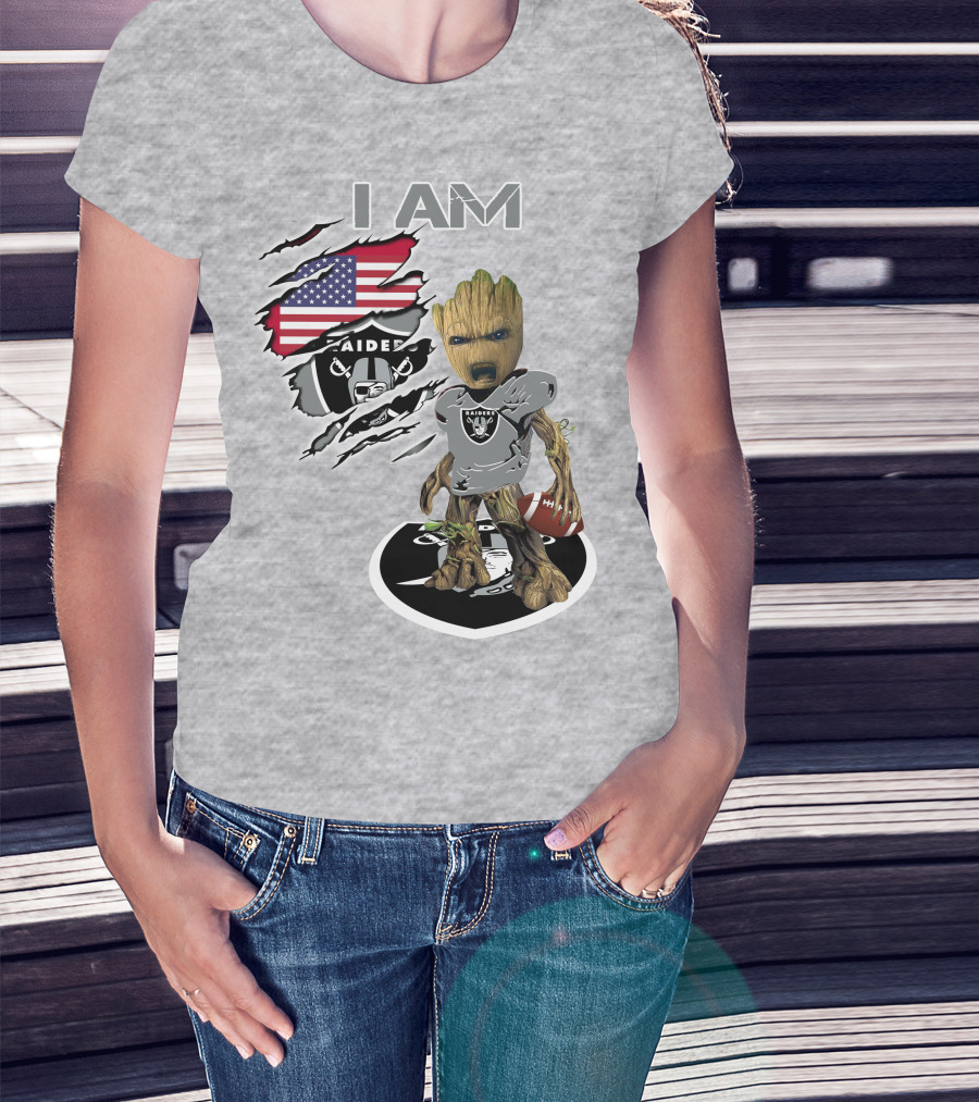 I Am Raiders Baby Groot American Flag Football T-Shirt
