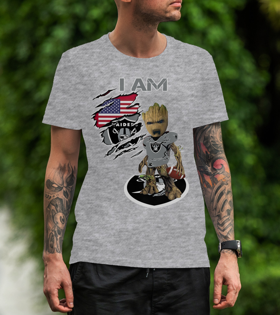 I Am Raiders Baby Groot American Flag Football T-Shirt