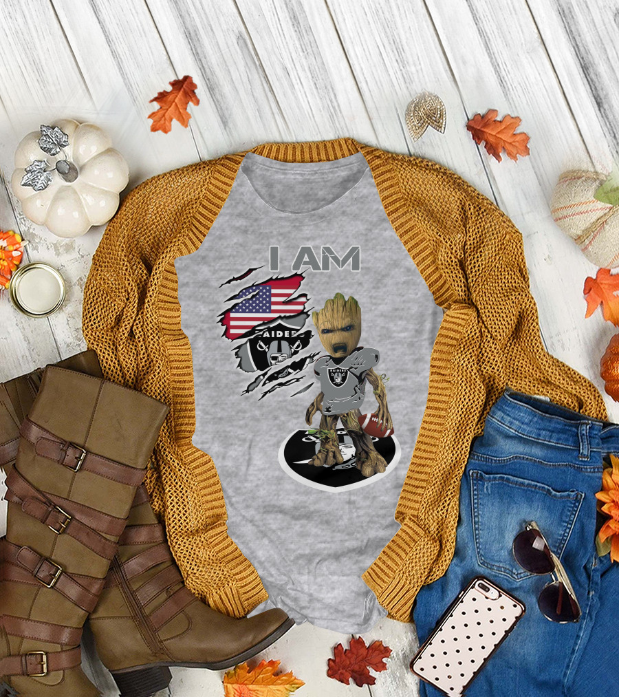I Am Raiders Baby Groot American Flag Football T-Shirt