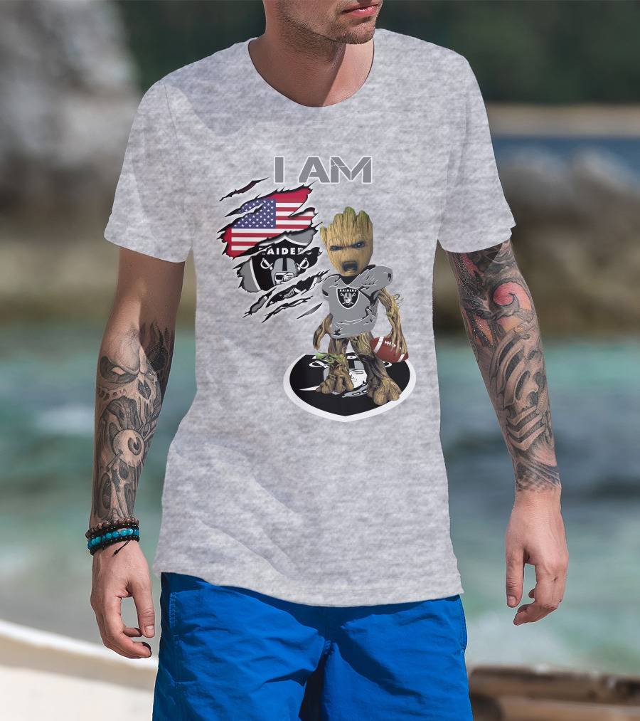 I Am Raiders Baby Groot American Flag Football T-Shirt