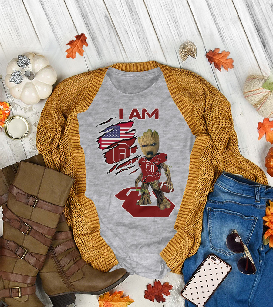 I Am Baby Groot OU Sooners Football USA Flag T-Shirt