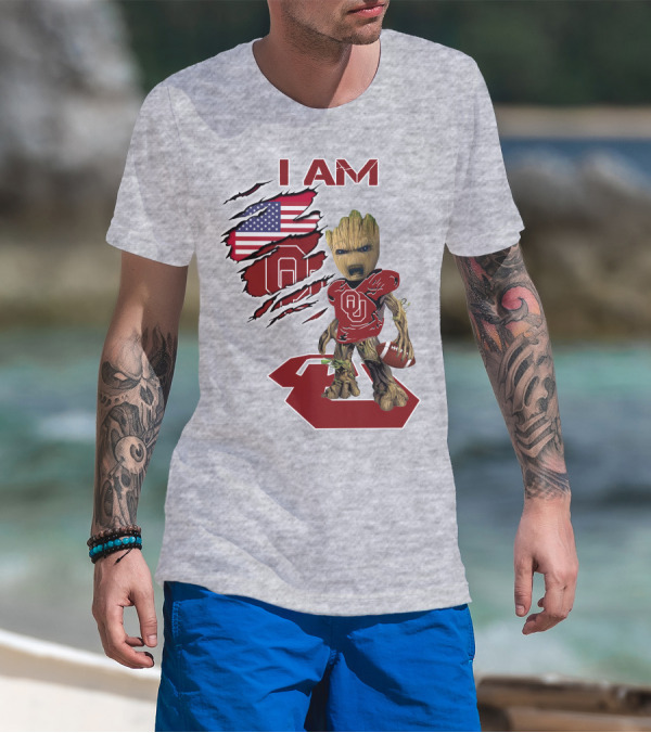 I Am Baby Groot OU Sooners Football USA Flag T-Shirt