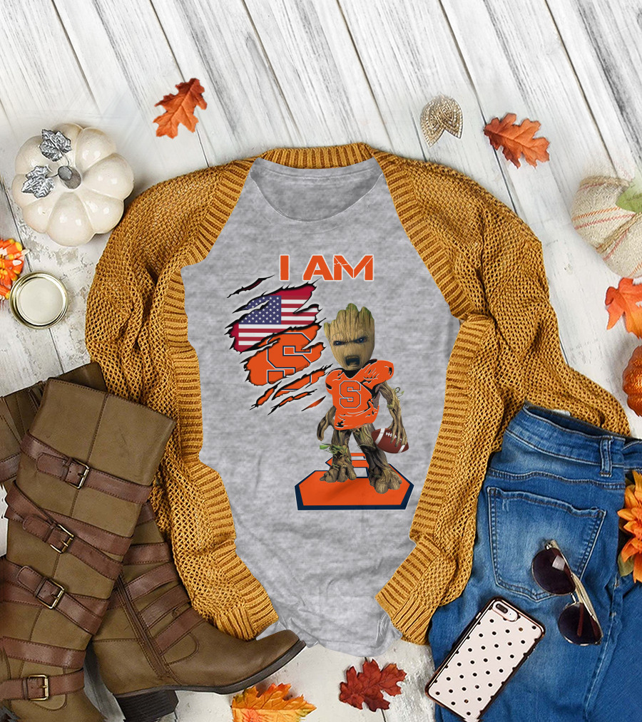I Am Syracuse Baby Groot American Football Player with Flag and Orange S T-Shirt