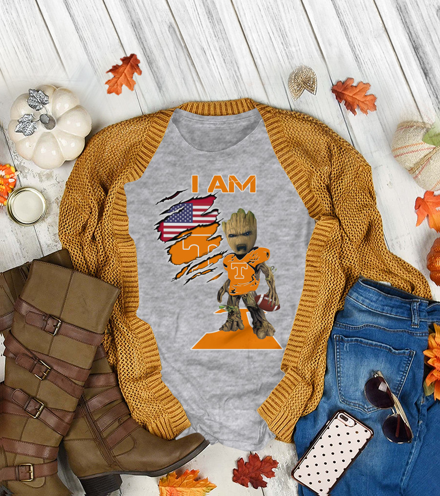 I AM Tennessee Baby Groot Football American Flag T-Shirt