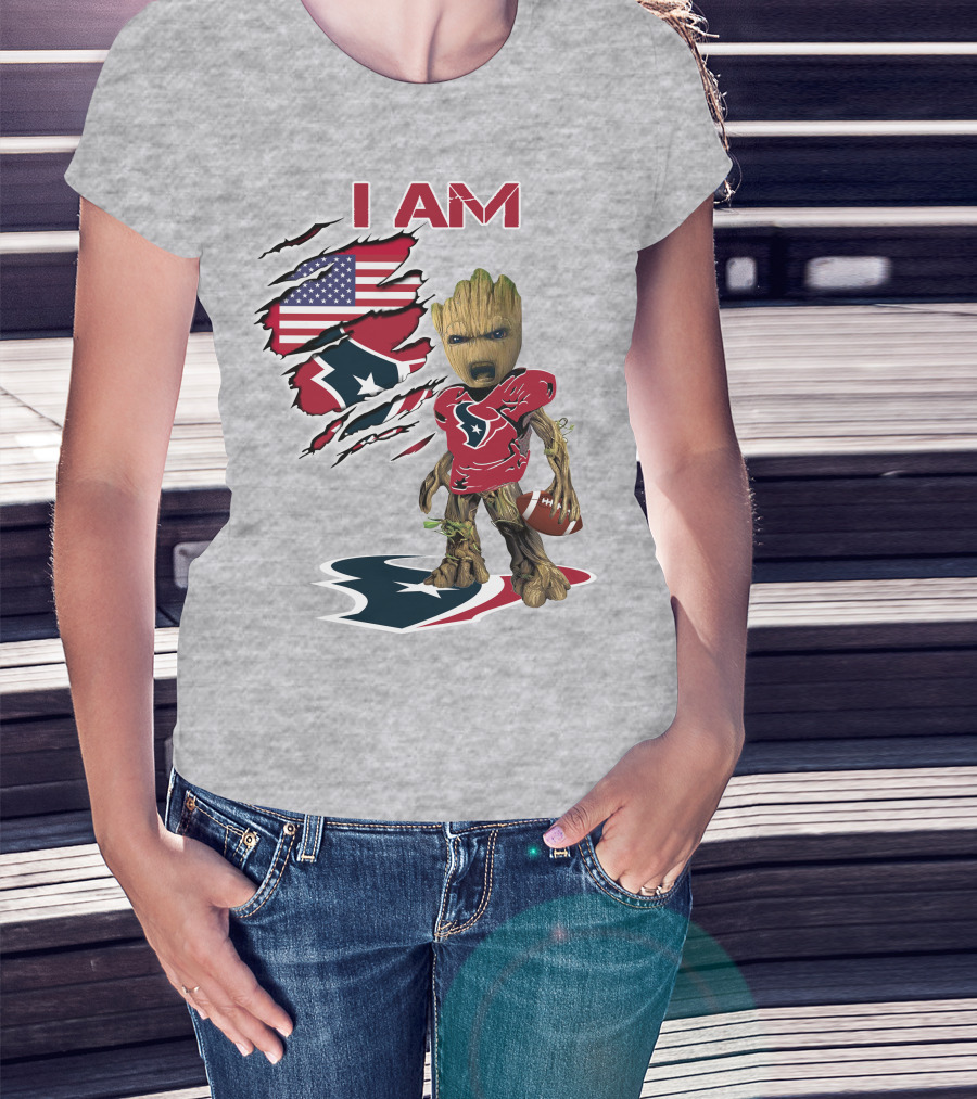 I Am Texans Baby Groot Football Usa Flag T-Shirt