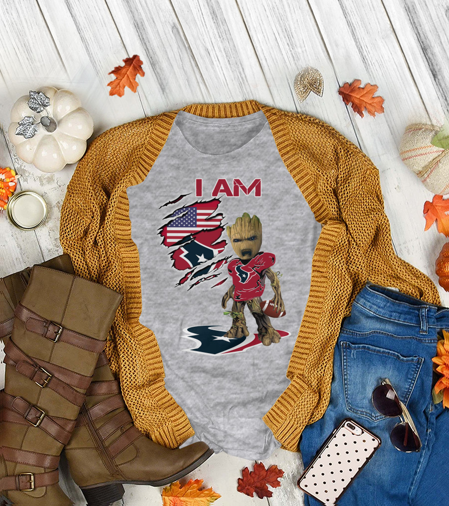 I Am Texans Baby Groot Football Usa Flag T-Shirt