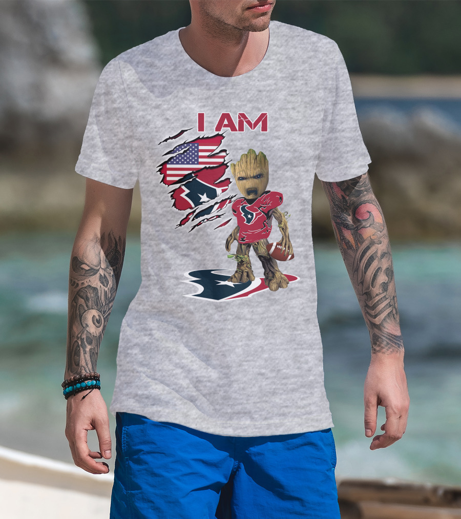 I Am Texans Baby Groot Football Usa Flag T-Shirt