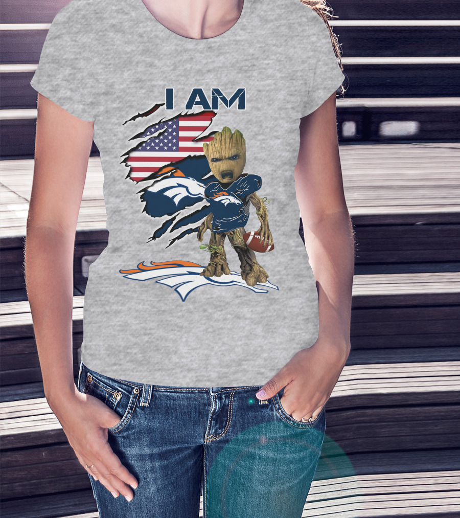 I Am Broncos Baby Groot American Flag Football T-Shirt