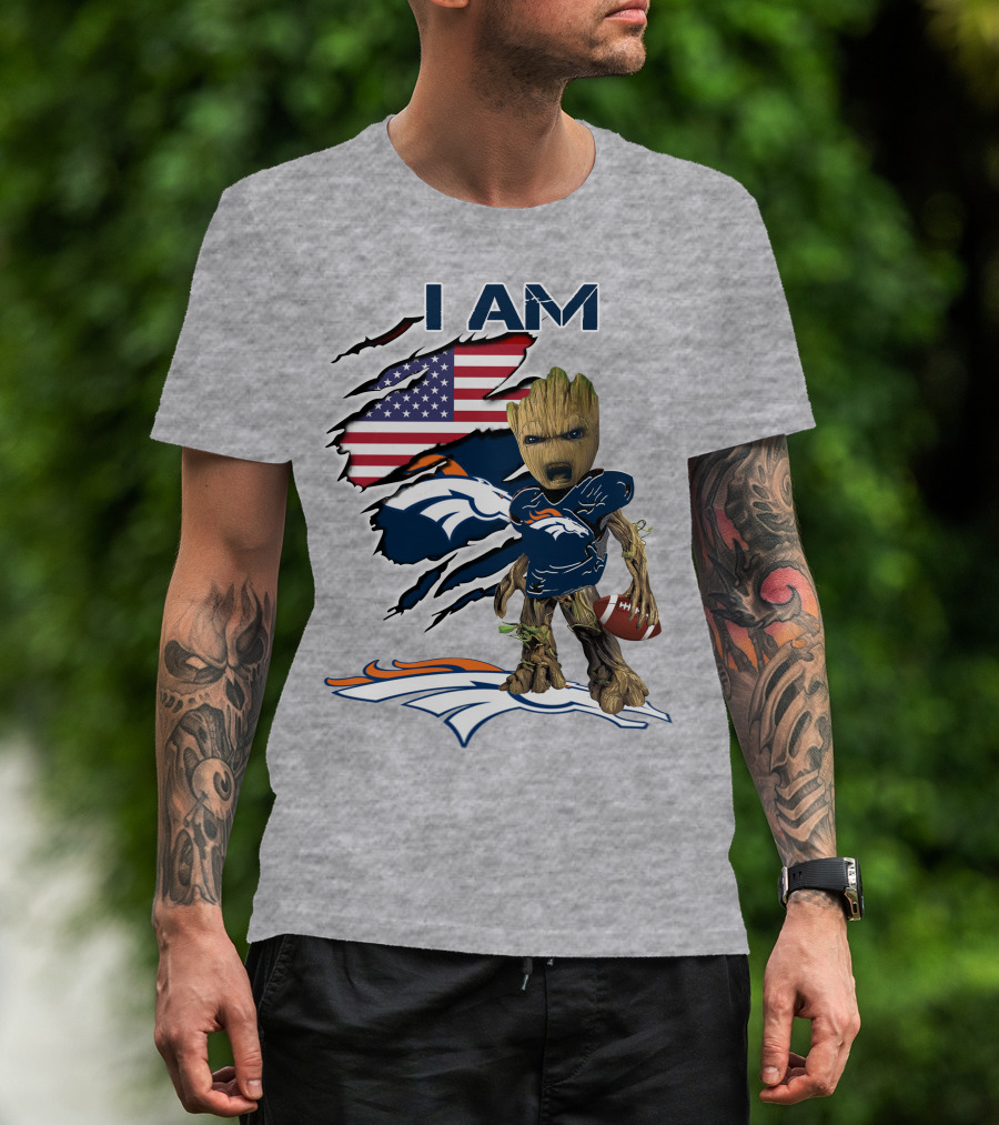 I Am Broncos Baby Groot American Flag Football T-Shirt
