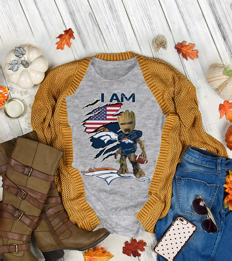I Am Broncos Baby Groot American Flag Football T-Shirt