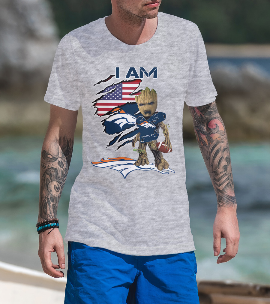 I Am Broncos Baby Groot American Flag Football T-Shirt