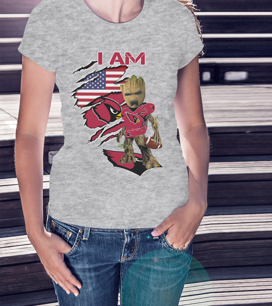 I Am Cardinals Baby Groot American Flag Football T-Shirt