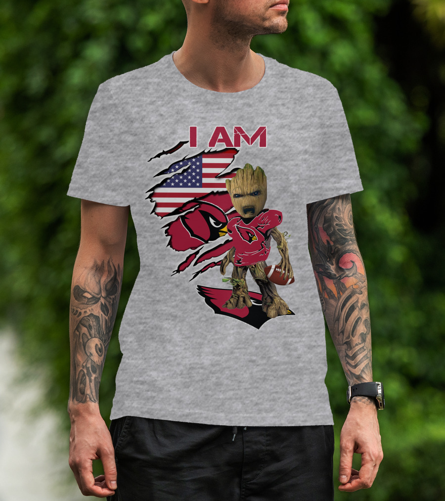 I Am Cardinals Baby Groot American Flag Football T-Shirt