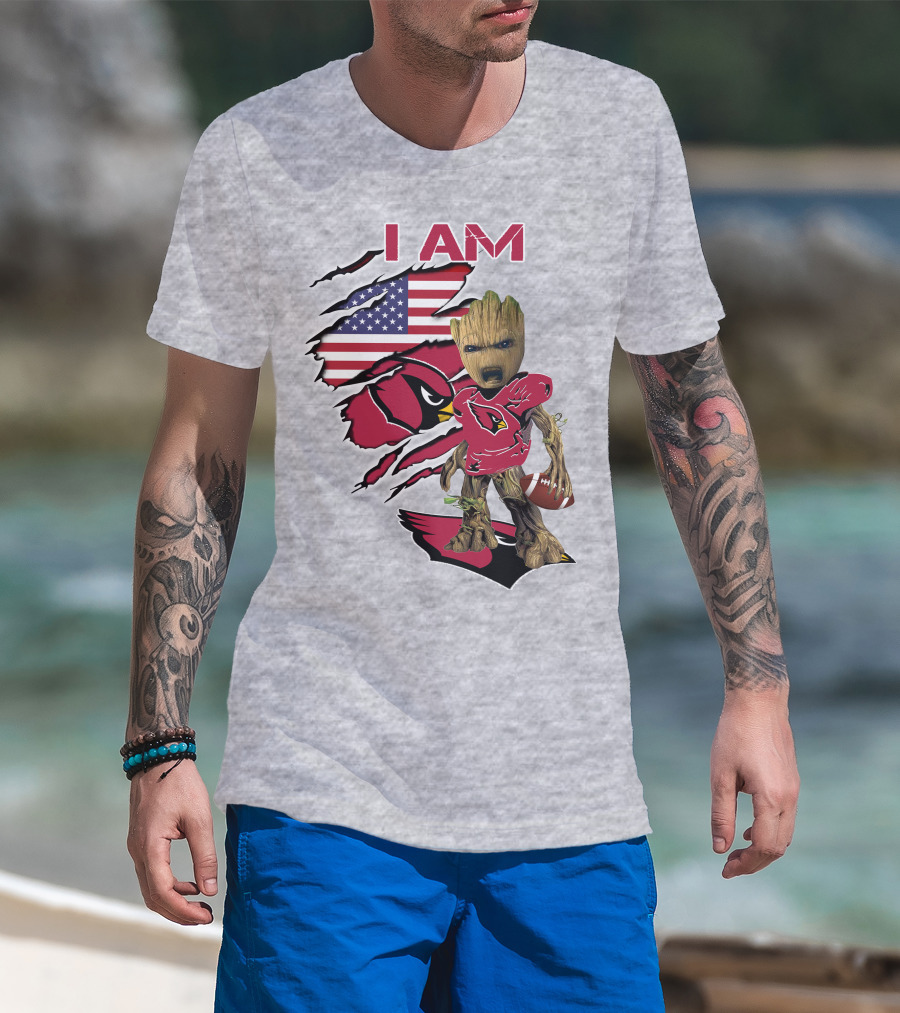 I Am Cardinals Baby Groot American Flag Football T-Shirt