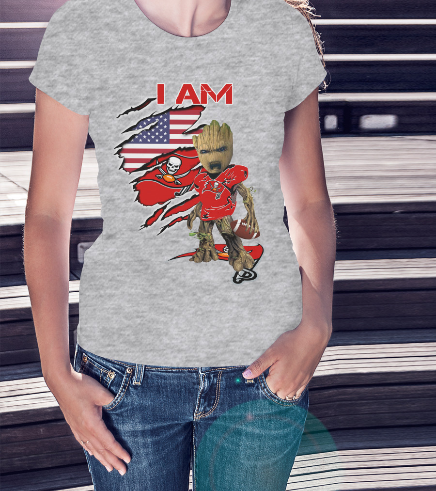 I Am Buc Baby Groot American Flag Football Buccaneers T-Shirt