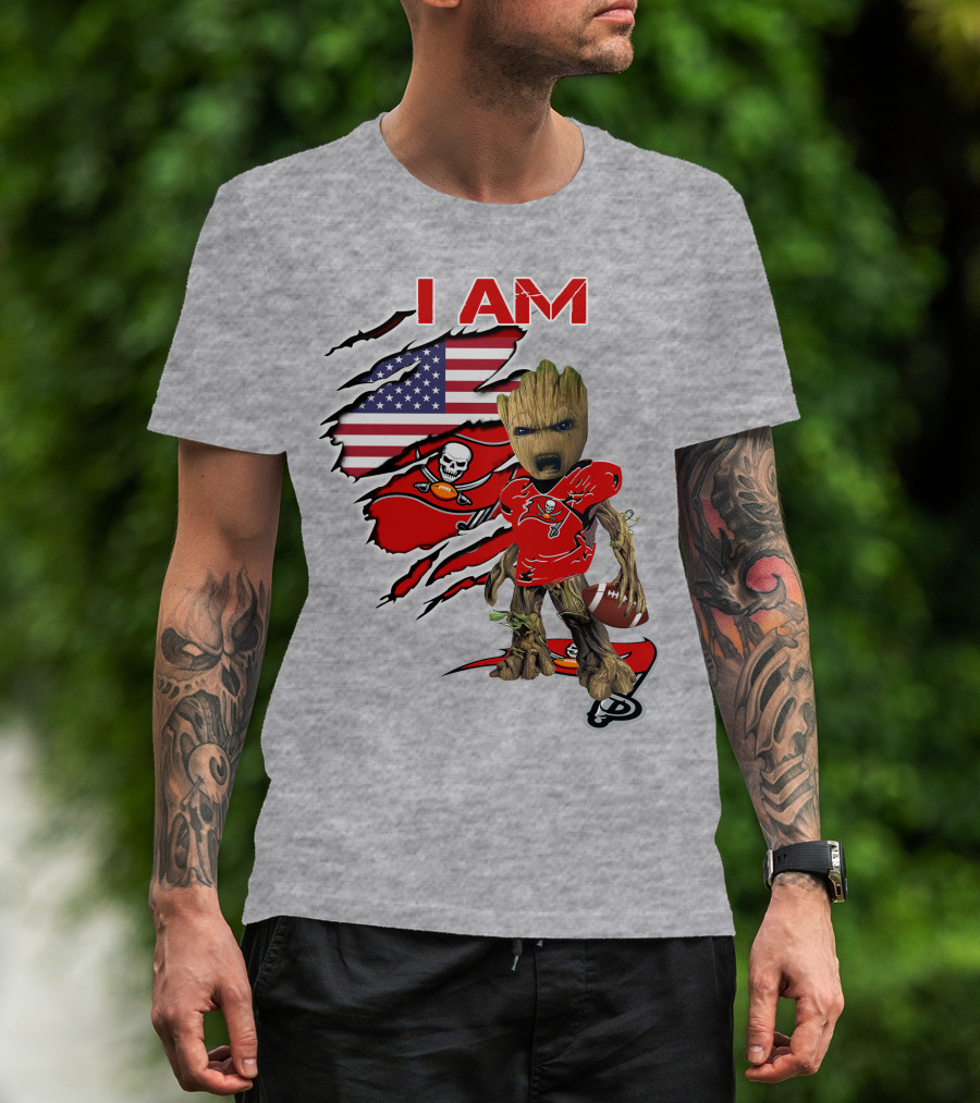 I Am Buc Baby Groot American Flag Football Buccaneers T-Shirt
