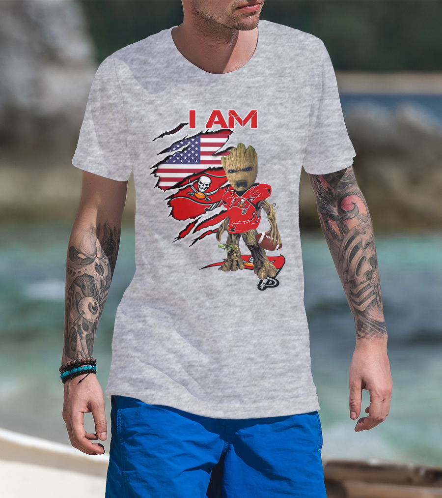 I Am Buc Baby Groot American Flag Football Buccaneers T-Shirt